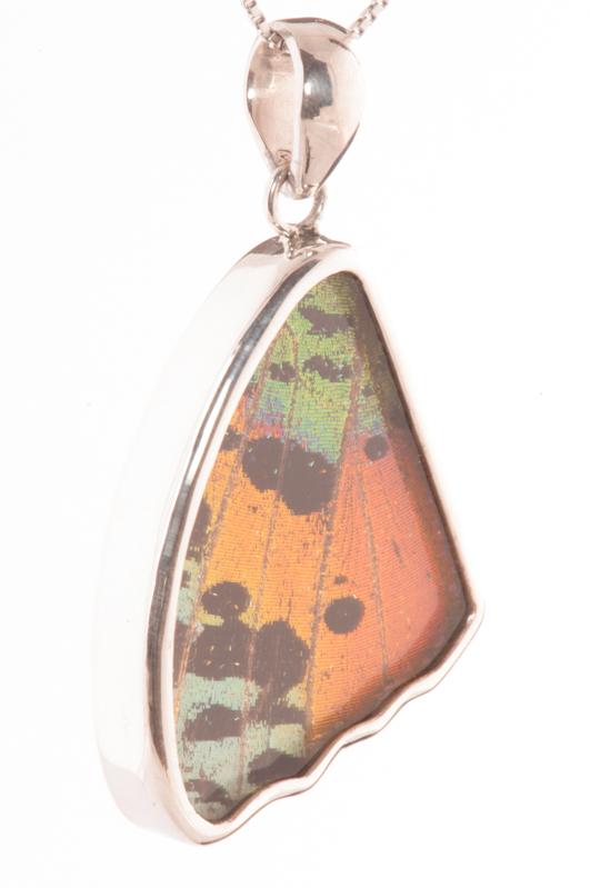 2--A-SB-4C-Silver-butterfly-pendant-Shimmering-Green-Wing-Shaped-Chrysiridia-Madagascariensis-Top-wing