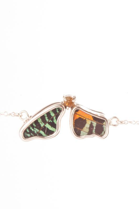 1-Real Butterfly Wings-A-2F-5F-Silver-butterfly-bracelet-with-citrine-birthstone-Shimmering-Rainbow-Green-half-Chrysiridia-Ma