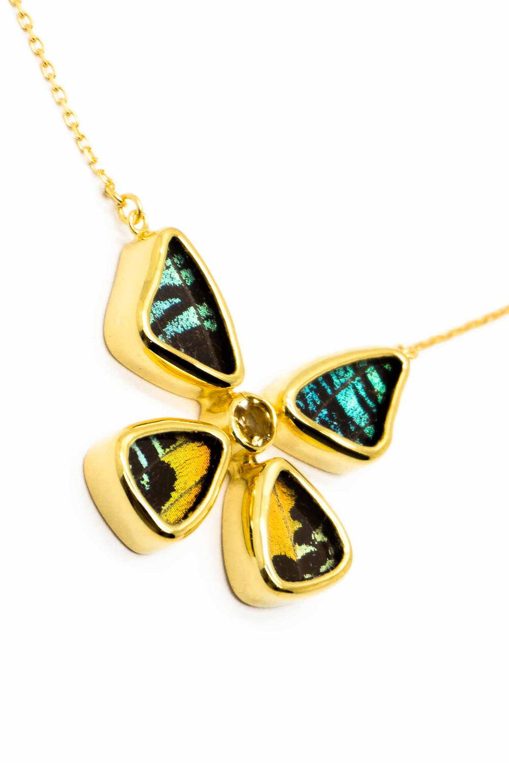 2--A-4B-2F-Gold-butterfly-necklace-with-citrine-birthstone-Shimmering-Rainbow-Green-Chrysiridia-Madagascariensis