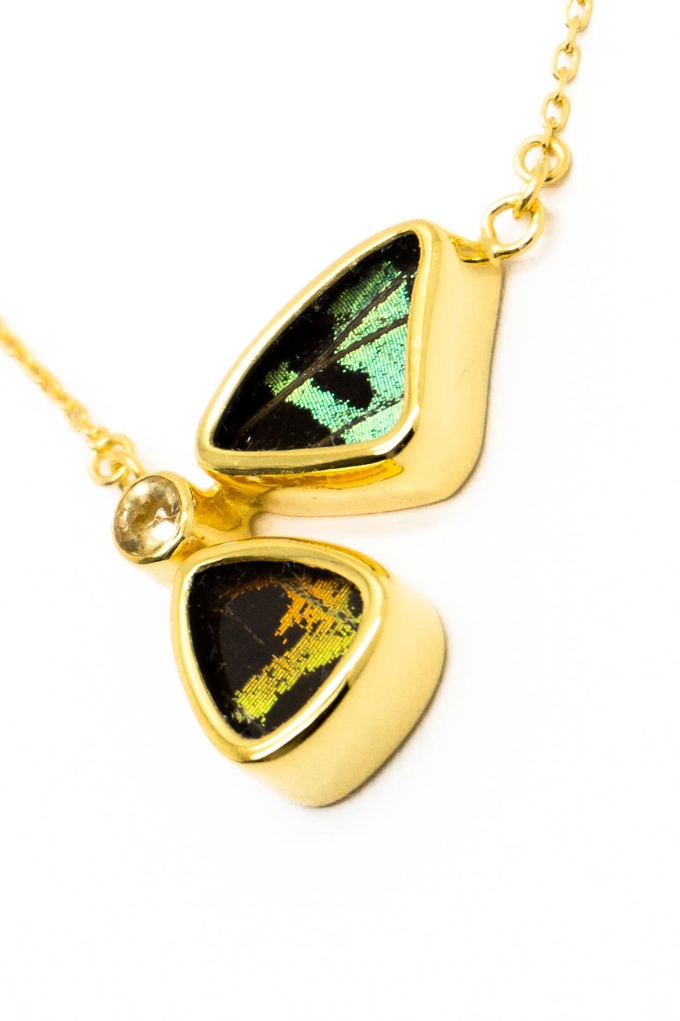 2--A-2B-2F-Gold-butterfly-necklace-with-citrine-birthstone-Shimmering-Rainbow-Green-half-Chrysiridia-Madagascariensis