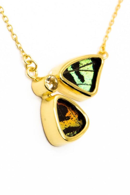 3--A-2B-2F-Gold-butterfly-necklace-with-citrine-birthstone-Shimmering-Rainbow-Green-half-Chrysiridia-Madagascariensis