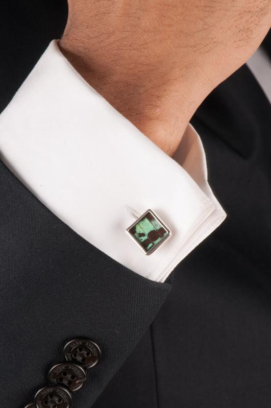 7--A-SA-S1-Silver-butterfly-cufflinks-Shimmering-Green-Square-Chrysiridia-Madagascariensis-Top-wing