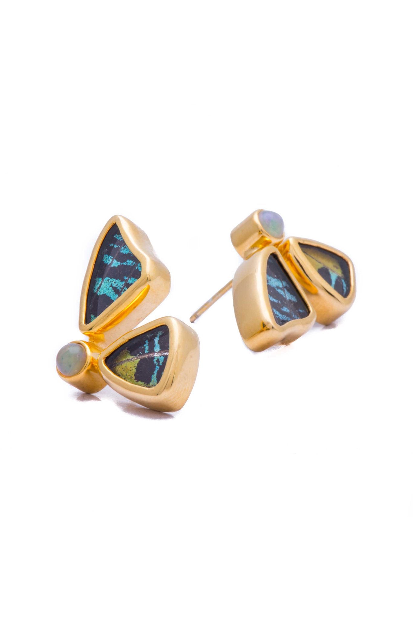 3--A-2D-2F-Gold-butterfly-earrings-with-citrine-birthstone-Shimmering-Rainbow-Green-half-Chrysiridia-Madagascariensis