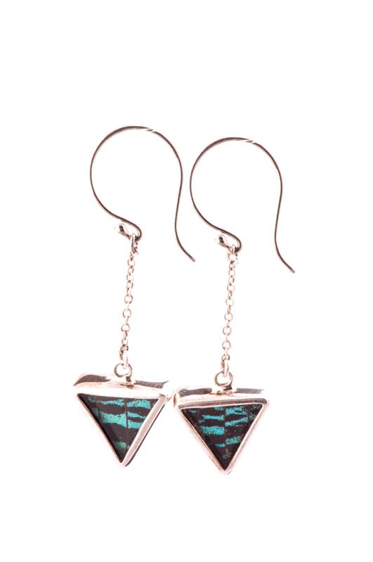 3--A-SB-T1-Silver-butterfly-earrings-Shimmering-Green-Triangle-Chrysiridia-Madagascariensis-Top-wing