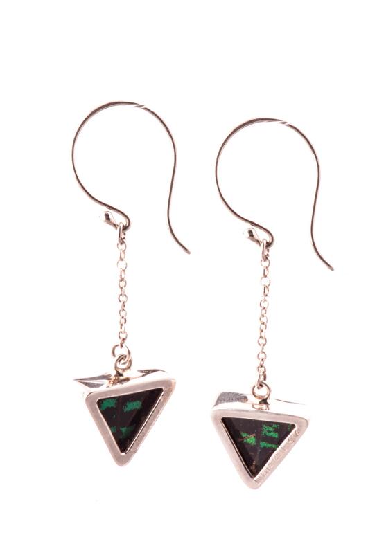 4--A-SB-T1-Silver-butterfly-earrings-Shimmering-Green-Triangle-Chrysiridia-Madagascariensis-Top-wing