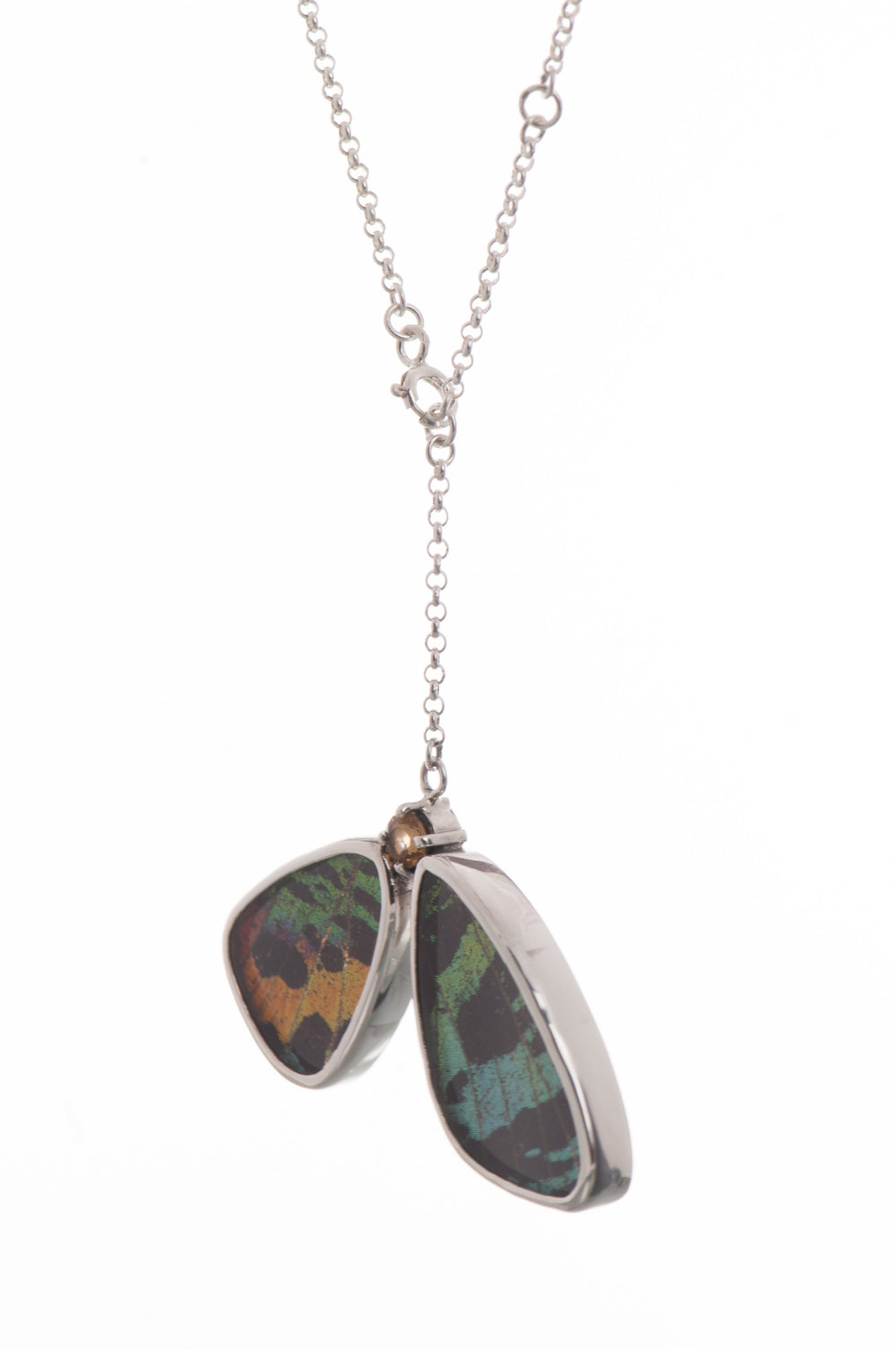 2--A-2B-6F-Silver-butterfly-necklace-with-citrine-birthstone-Shimmering-Rainbow-Green-half-Chrysiridia-Madagascariensis