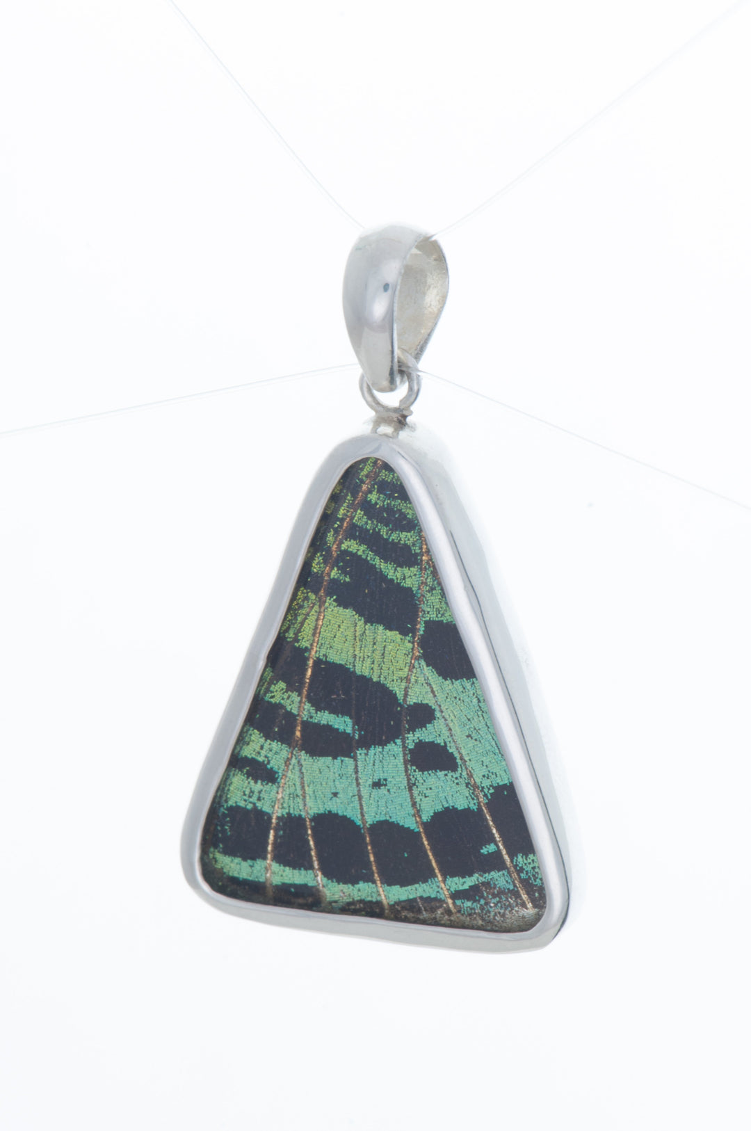 3--A-SB-T2-Silver-butterfly-pendant-Shimmering-Green-Triangle-Chrysiridia-Madagascariensis-Top-wing